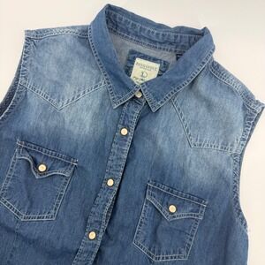 Panhandle Rough Stock Denim Dress Womens L Blue Sleeveless‎ Western Snap Belted